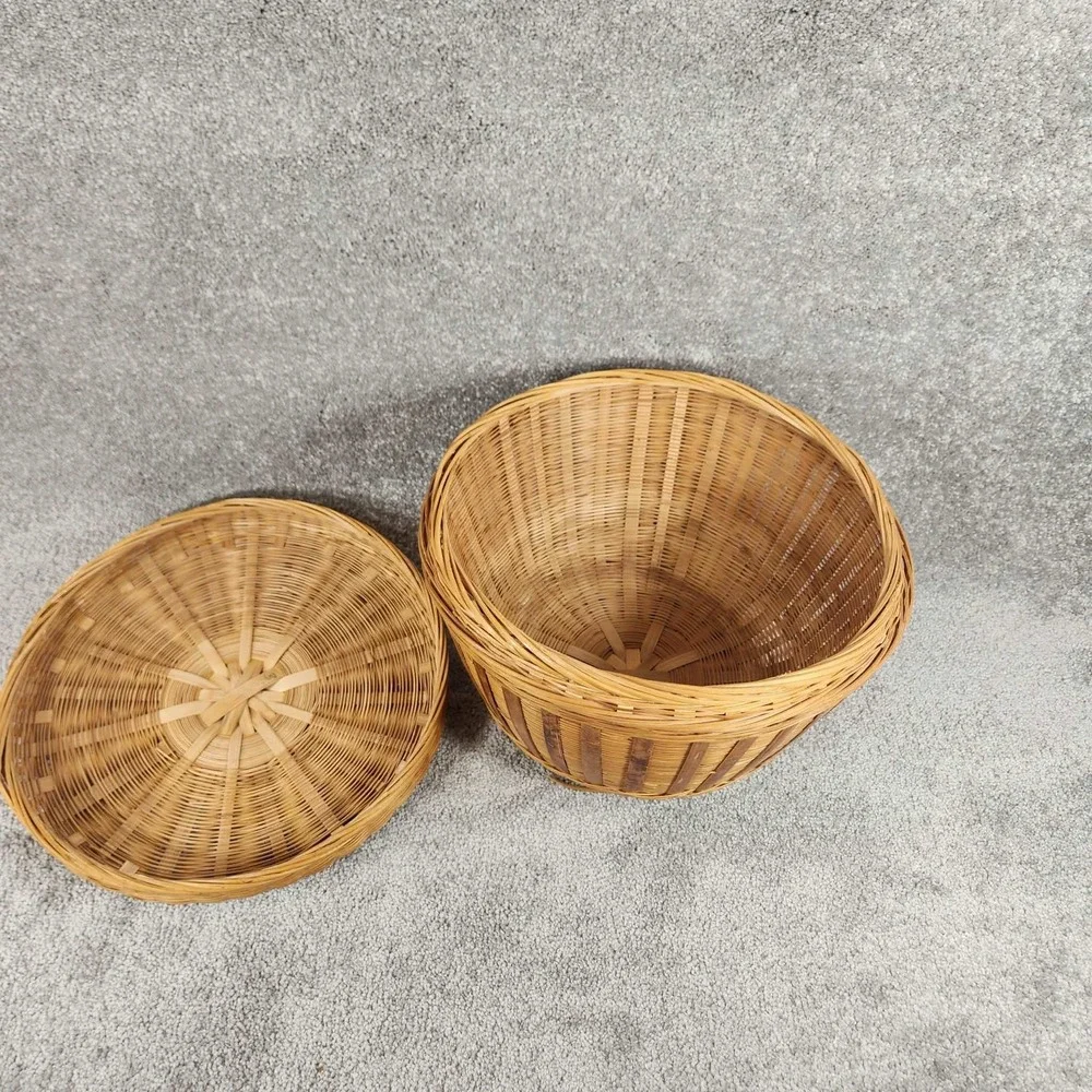 Woven Bamboo Basket Natural Tan Lidded Round Boho Storage Decor